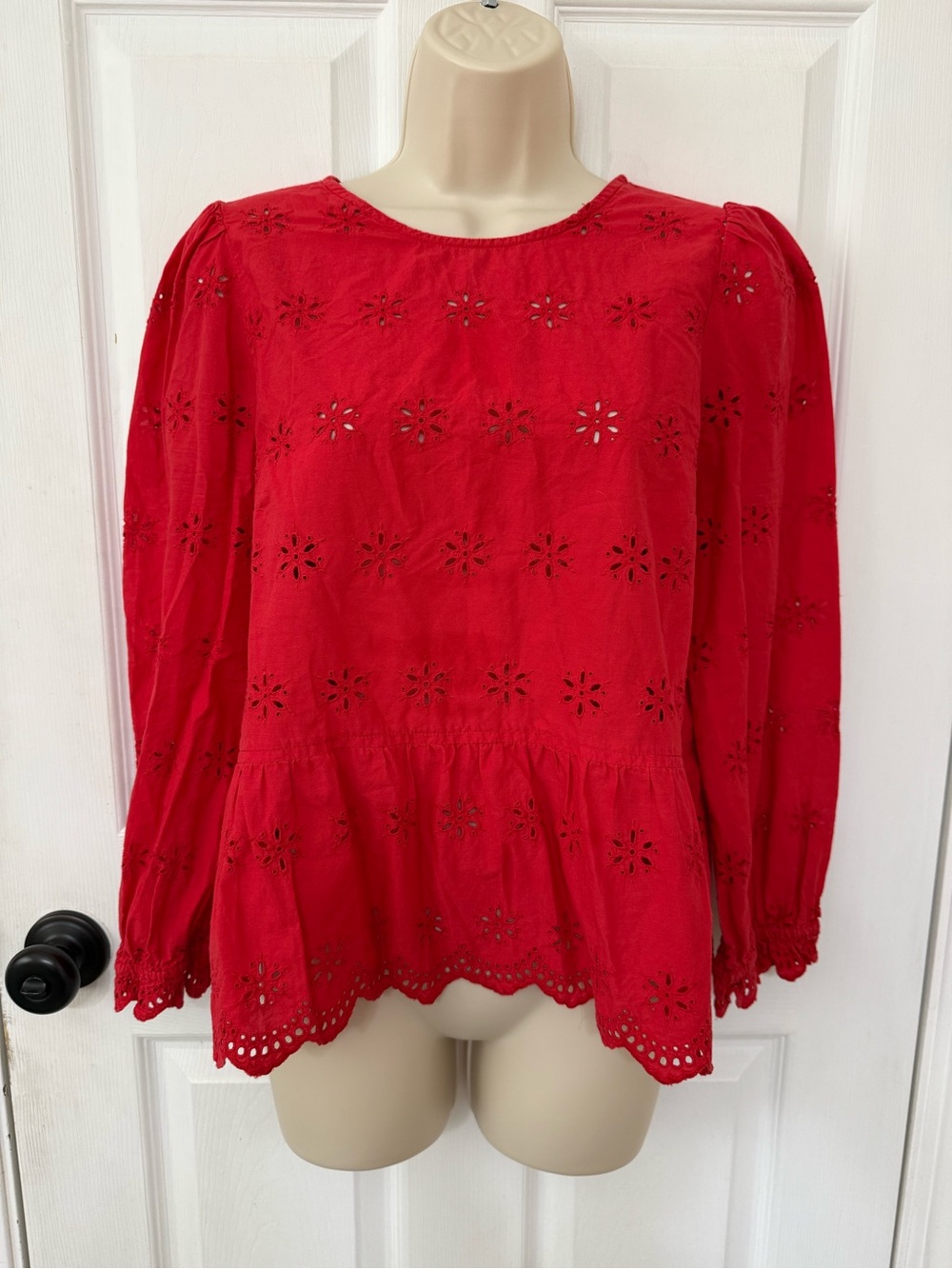 Madewell Eyelet Keyhole Peplum Top Red Cotton Blouse Medium - Picture 2 of 11